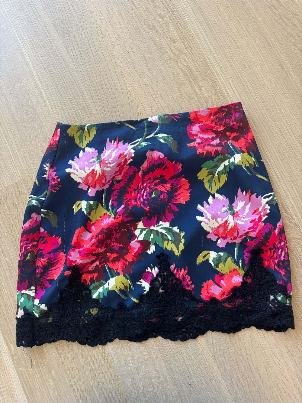 Urban Outfitters Navy Floral Mini Skirt with Black Lace Trim